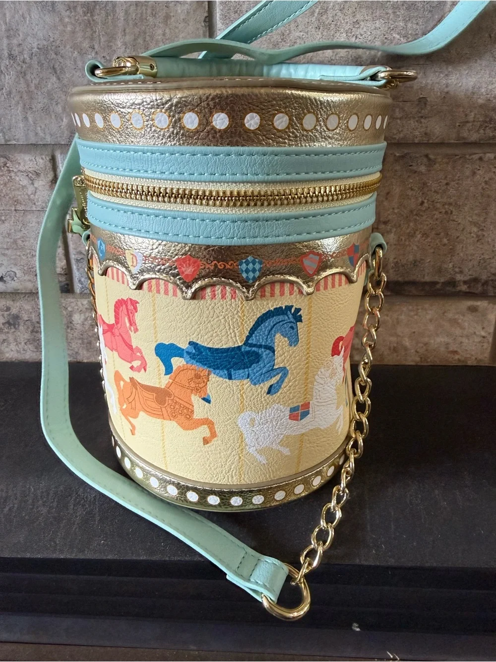 Loungefly Whimsical Carousel Bucket Bag in Mint & Gold - Picture 1 of 5